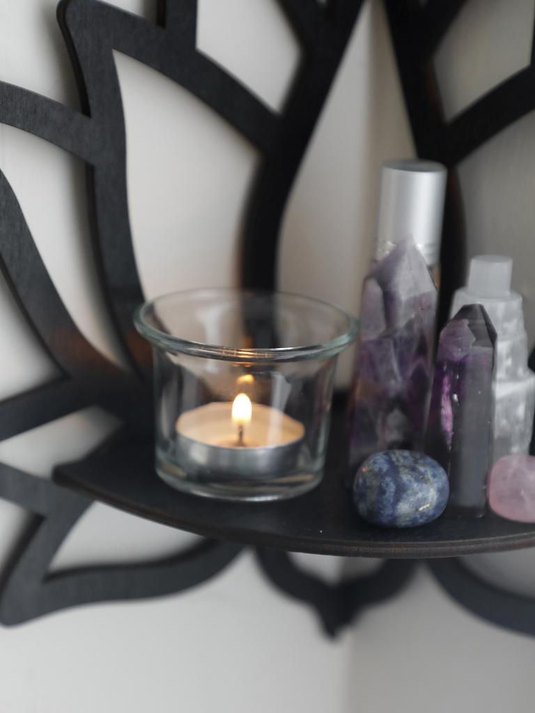 Lotus Crystal Corner Shelf Crystal Shelf Display Black Wooden Wall Shelves Essential Oil Shelf Witchy Decor Aesthetic Spiritual