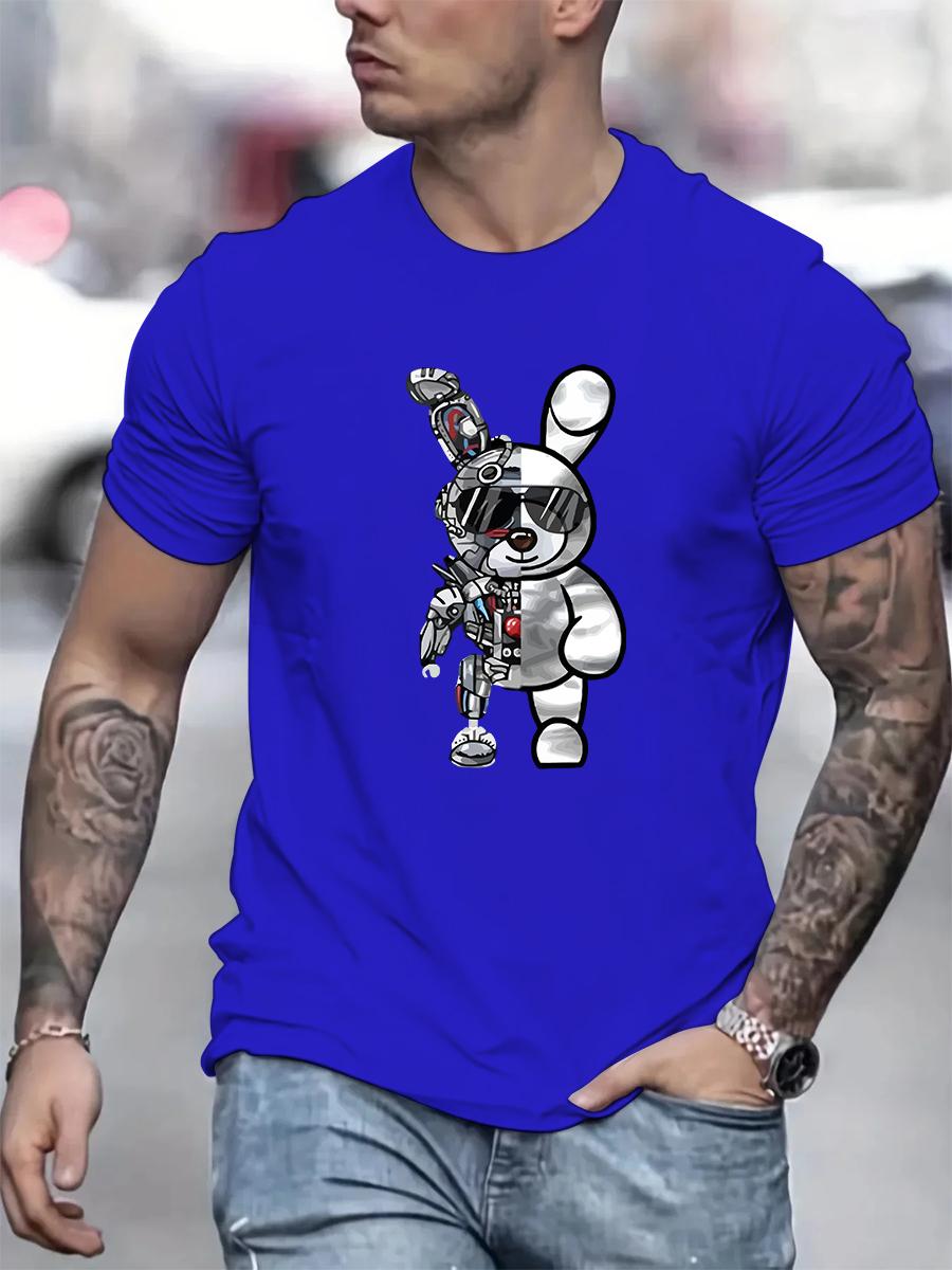 

Men s summer 100 cotton fashionable casual loose cartoon mechanical rabbit pattern printed round neck short sleeved T-shirt top S