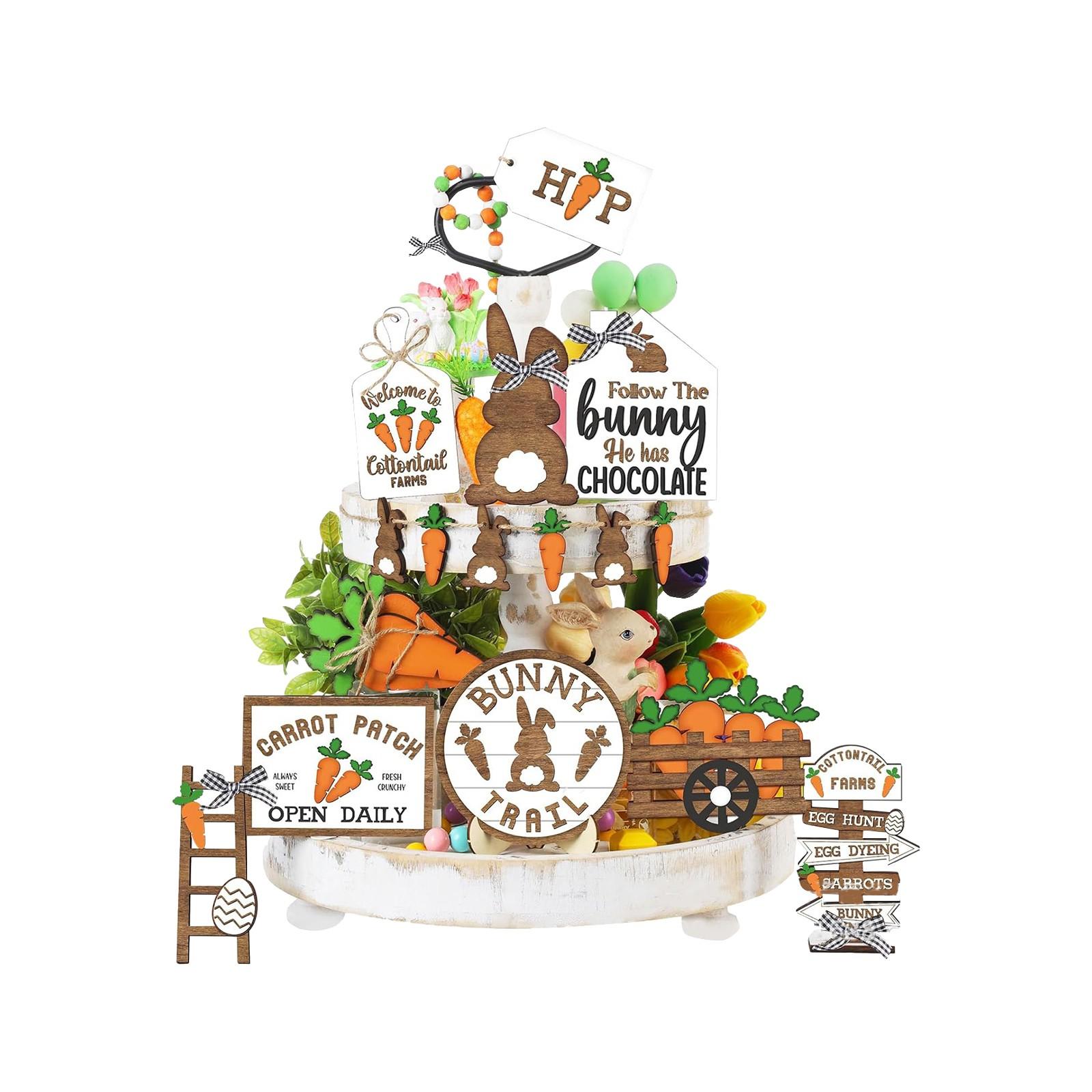 

Easter Tiered Tray Decorative Wooden Crafts Carrot Bunny Desktop Kitchen Ornament