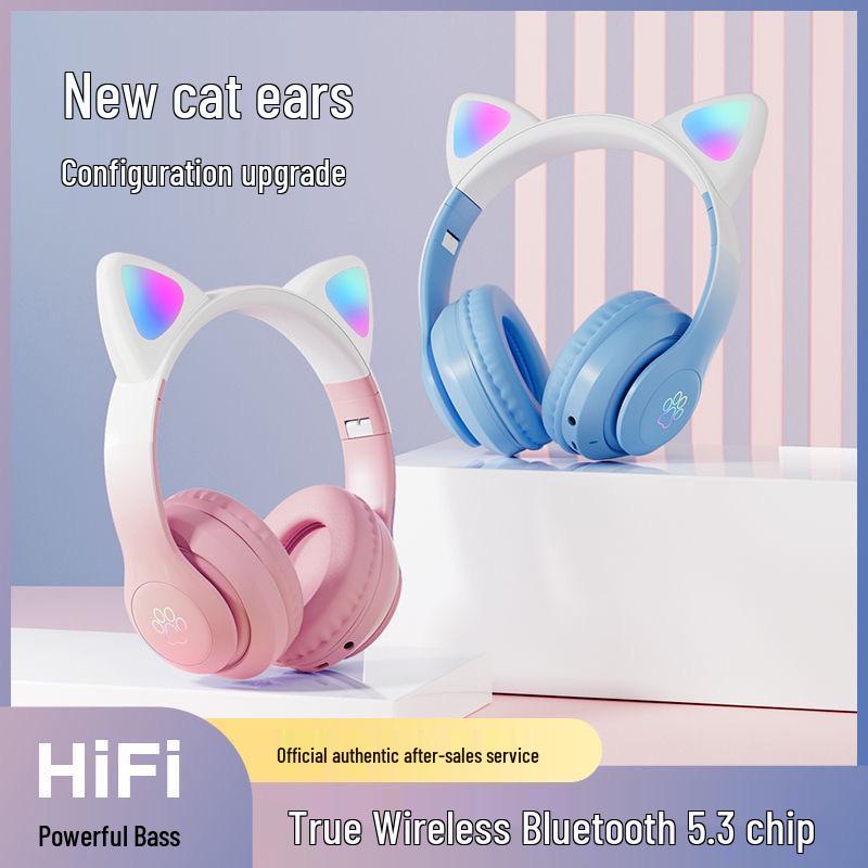 Popular Gradient Cat Ear Bluetooth Headphones, Cute & Trendy, with Long Battery Life for Wireless Sports & Gaming.