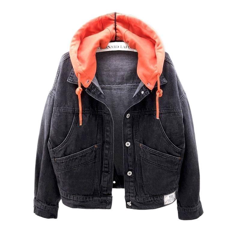 Damen Jeansjacke mit Kapuze im koreanischen Stil: Lockerer, kurzer Mantel mit langen Ärmeln und mehreren Taschen, perfekt für Herbst und Winter.