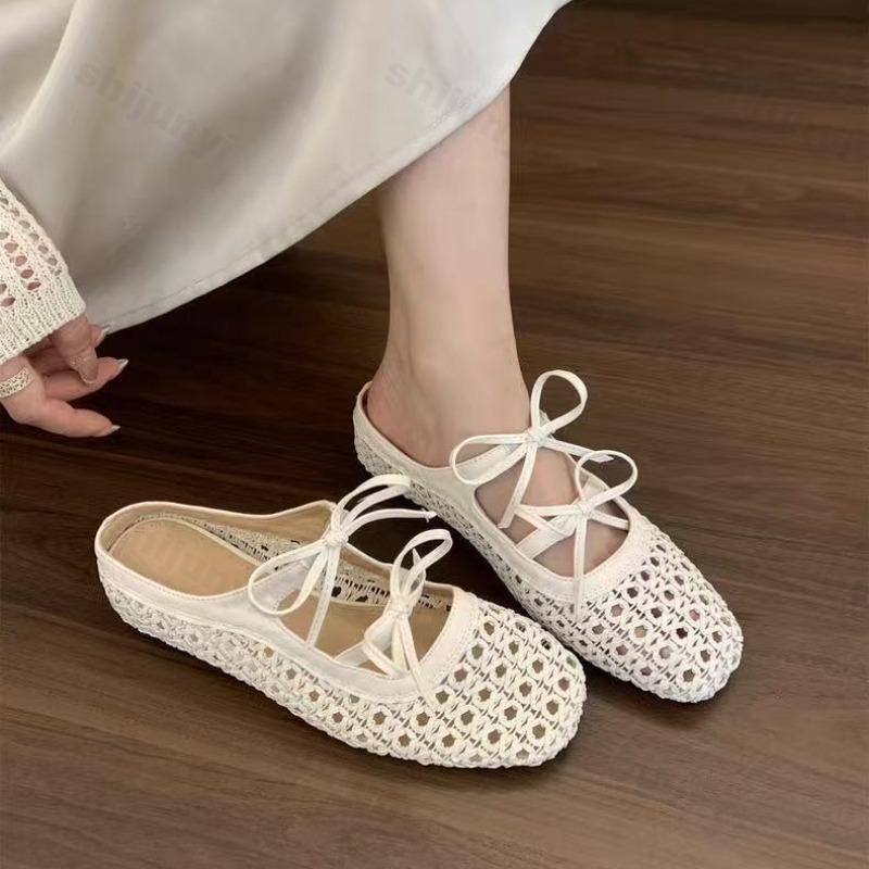 Fashion 2025 Summer Women's French Style Woven Hollow Out Cool Slippers Bow Design Elegant Single Shoes Increased Height Inside Sandals