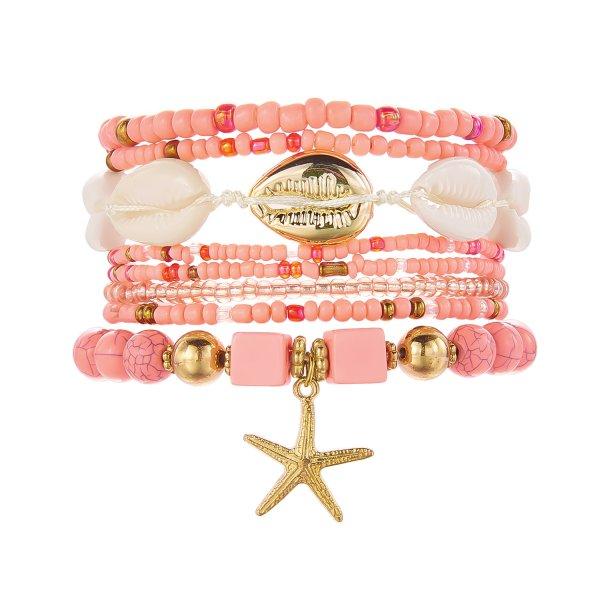 Boho-Mehrlagen-Perlenarmband-Set für Damen Sommer Ozean Strand Seestern Muschel Anhänger Elastische Armreifen Urlaubs Schmuck