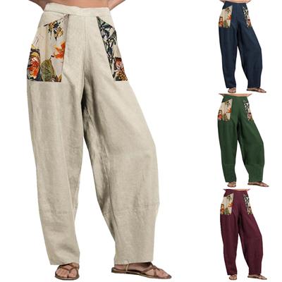 Moda damska pikowanie bawełniane lniane spodnie szerokie nogawki luźne spodnie