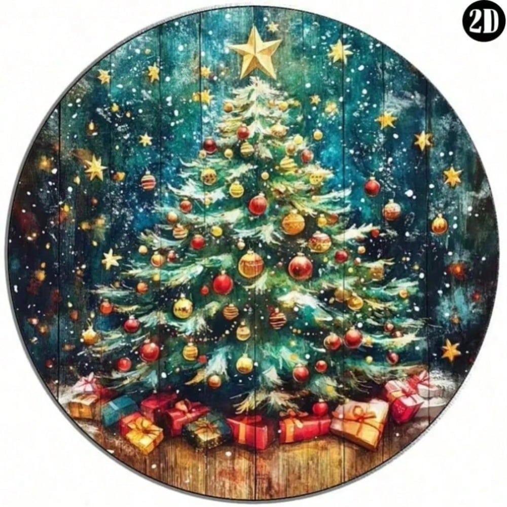 Vintage Round Metal Tin Sign Christmas Tree With Gifts Home Wall Art Decor 20cm