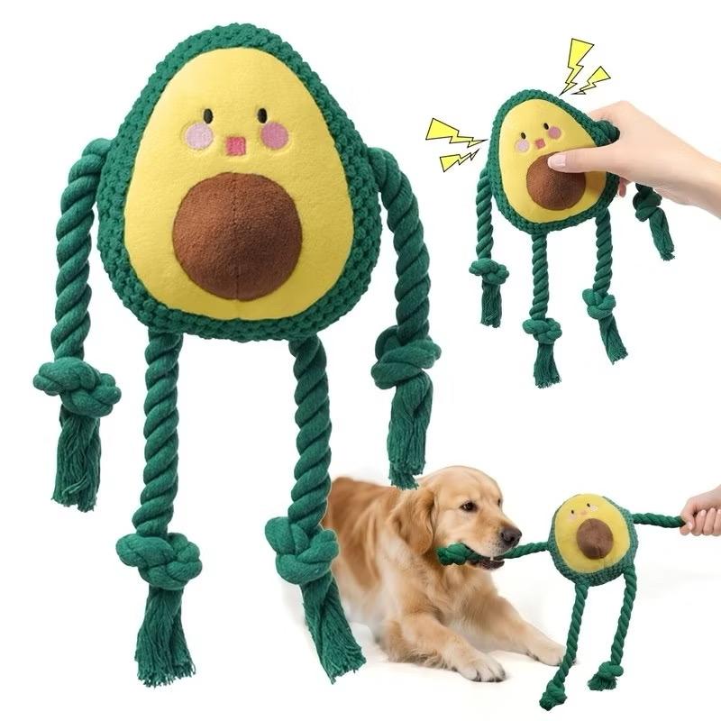 Avocado Squeaky Dog Toy Plush Chew with Cotton Rope Interactive Teeth Cleaning Squeaker for Small Medium Dogs