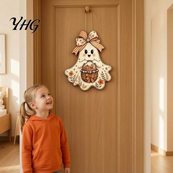 Decorative Wood Hanging Plaque Cute Bow Ghost Sign, Rustic Retro Floral Door Sign with Pumpkin Decoration Basket, Vintage Halloween Wooden Pendant for