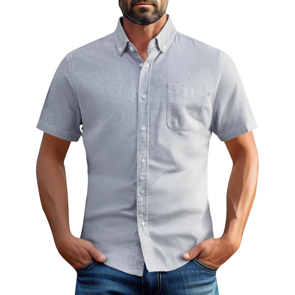 Men's Summer Oxford Cotton High-Quality Solid Color Short-Sleeved Shirt