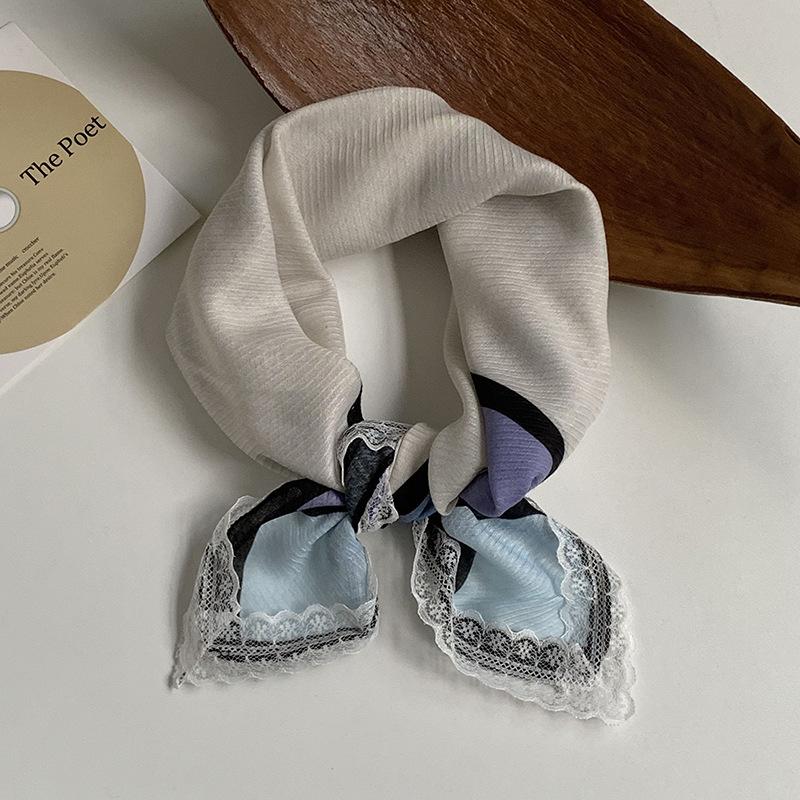Silk scarf neck small square scarf new multi-color versatile headscarf summer women's pastoral lace headband hair accessories decorative small scarf