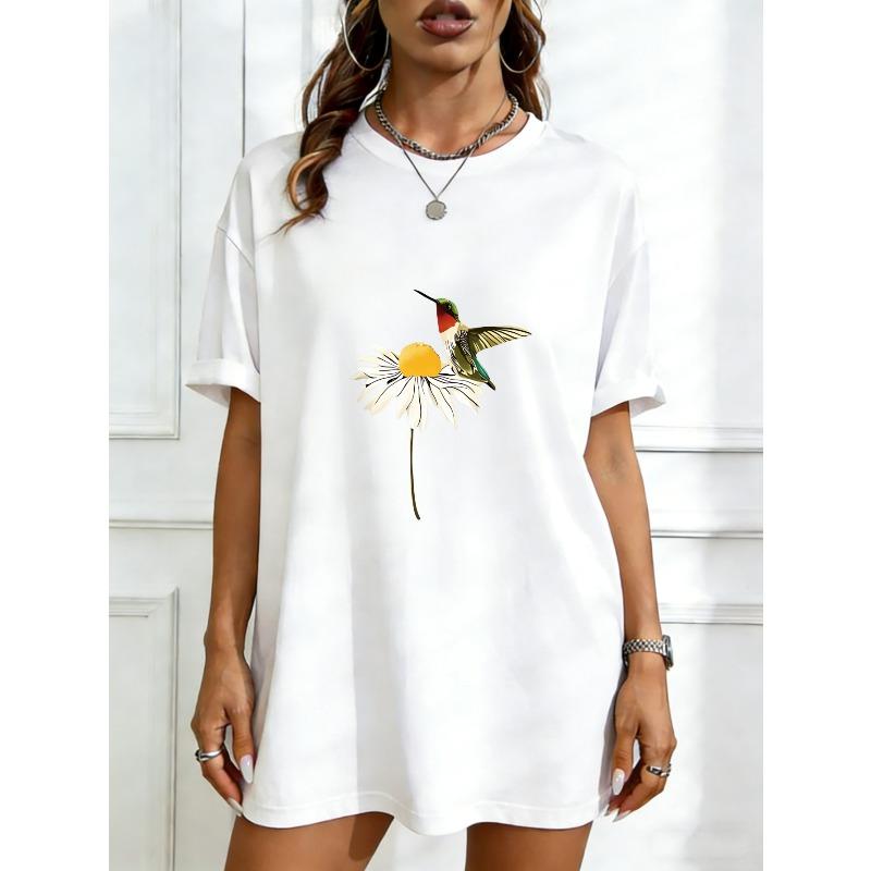 

Oversized T Shirt Dress Black Hummingbird And Daisy Print Casual Wear For Women XXXXL білий