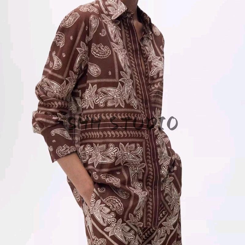 Cotton Straight-leg Loose Print Casual Shirt 87017183 Mid Waist Mop Wide Leg Pants 87027177
