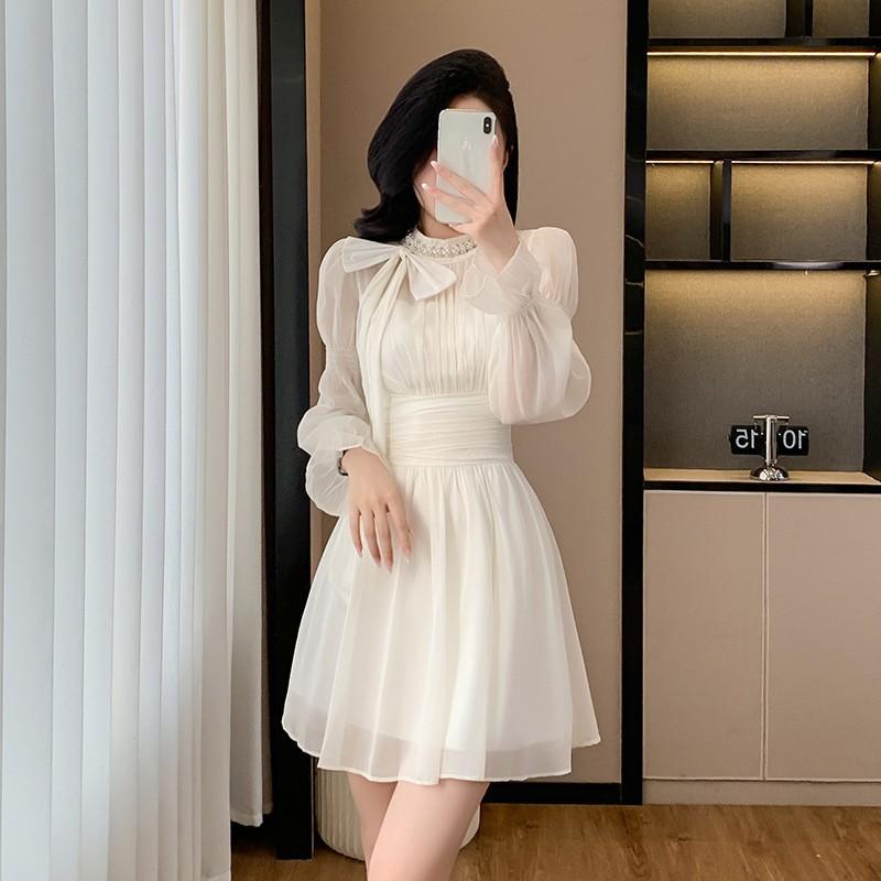 Real shot chic design sense long sleeve chiffon dress children waist temperament design sense small short skirt autumn