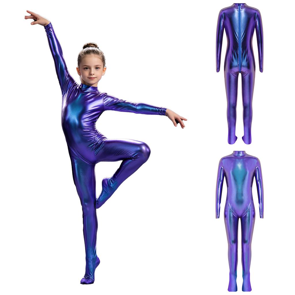Long Sleeve Front Zip Metallic Footed Bodysuit for Girls Shiny Unitard Jumpsuit Stage Performance Dance Competition