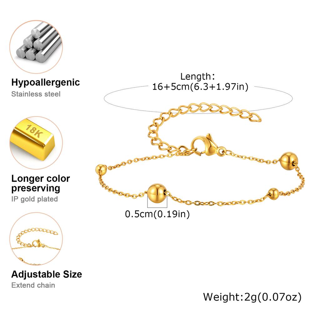 Minimalist Stainless Steel Ball Beads Bracelet, Waterproof 18K Gold Plated Cross Chain Bracelet for Women Trendy Jewelry