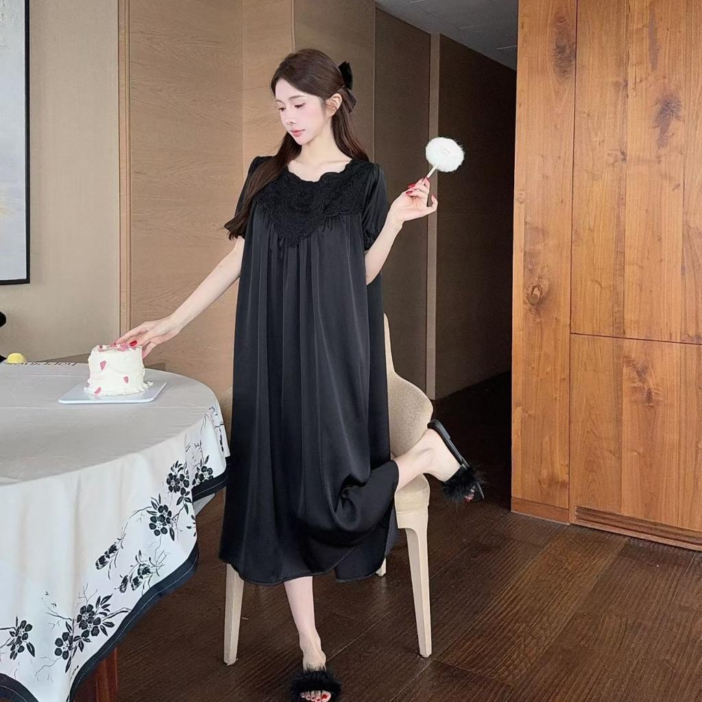 Summer new ice silk pajamas for women, palace style, French thin nightdress with padded bra, high-end girlish short-sleeved long skirt