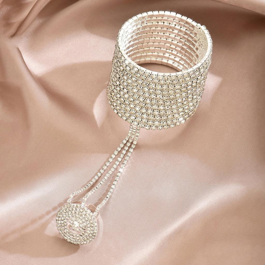 Multi layer rhinestone linked finger personalized trendy bracelet ring, women's Latin dance ballroom dance versatile accessory