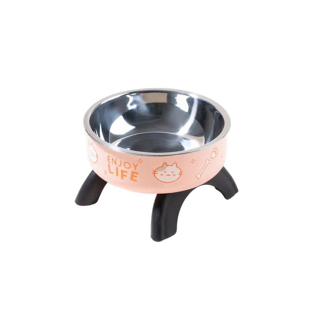 Stainless Steel Elevated Pet Cat Bowl with Printed Design and Non-Slip Raised Stand Suitable for Indoor Use