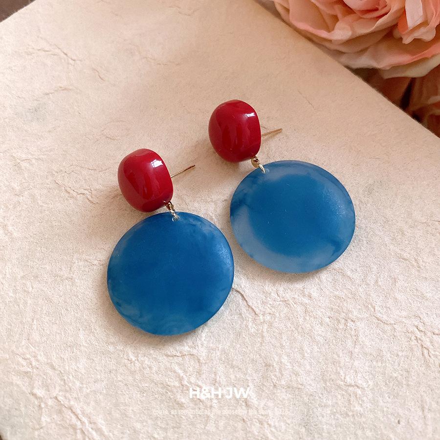 Silver needle acrylic red and blue contrasting color round earrings fashion trend versatile stud earrings personalized simple earrings women