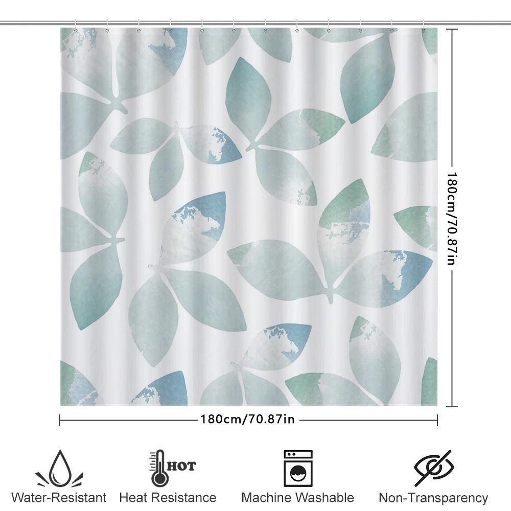 Blue Green Leaves Shower Curtain Waterproof Decorative Bath Room Plastic Hook Ring Set Home Decoration (60X72In)