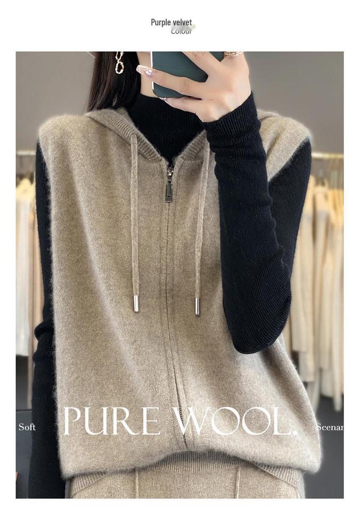 2025 A/W Hooded Wool Knit Vest - Zippered Sleeveless Sweater Coat