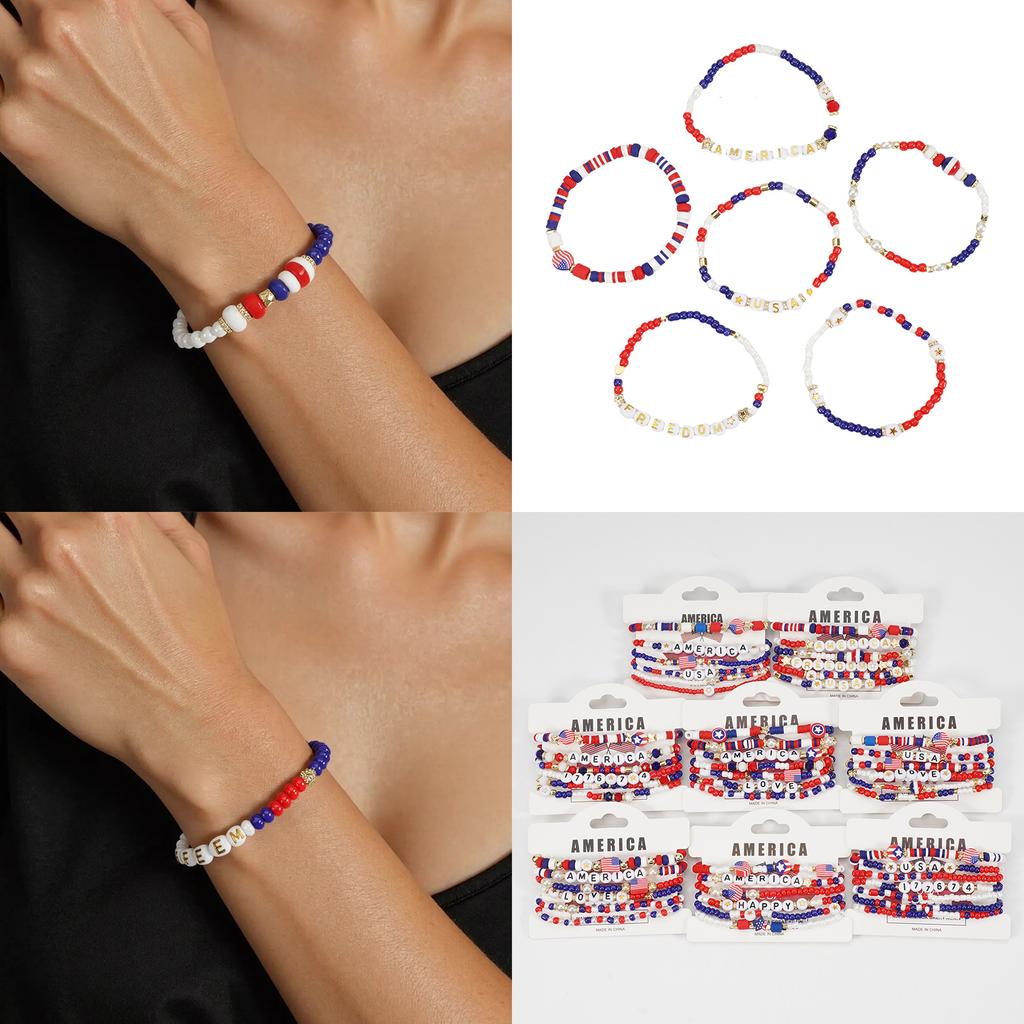 Pack of 6 Fashionable Patriotic Beaded Bracelets Elastic July 4th Jewelry Americans Flag Star Charm Party Accessories