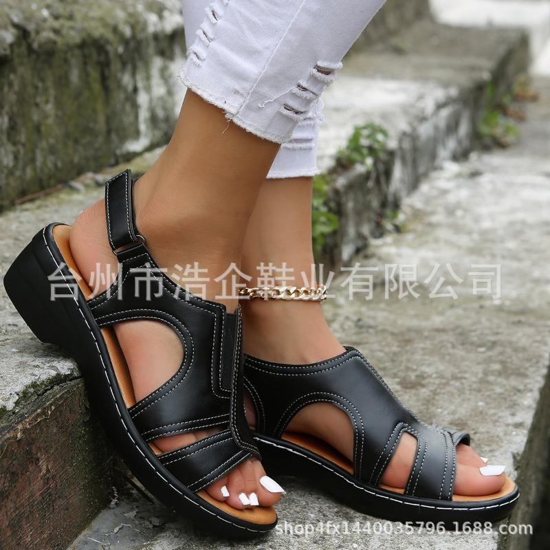 Shoes summer new sandals women's Velcro stitching hollow thick sole heel large size open toe casual