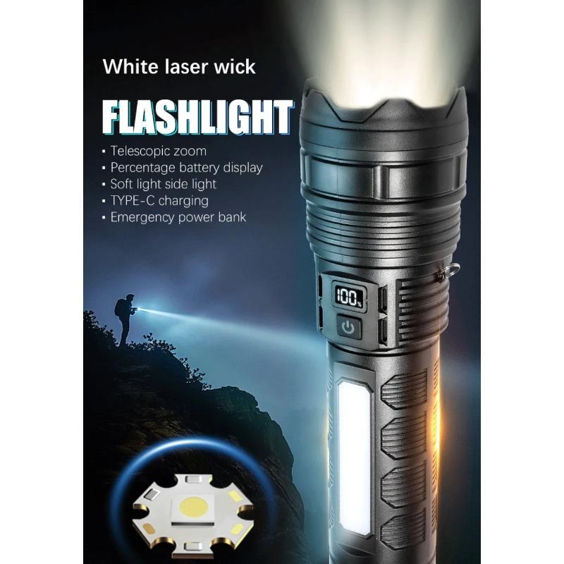 Type C Rechargeable Flashlight High Brightness Zoom Strobe COB Sidelight Battery Gauge Large Capacity ABS Camping Search Light