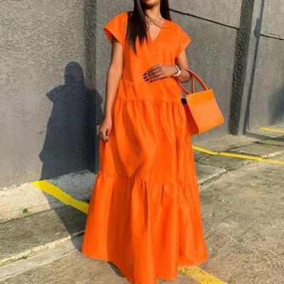 Women Summer Dress Loose V-neck Patchwork Short Sleeves Party Wearing A-line Full Length Lady Maxi Dress Female Clothes