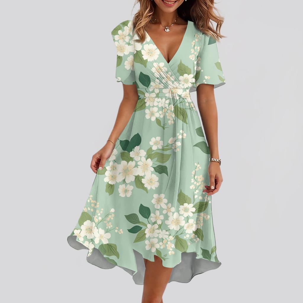 Robe Imprimée Décontractée Ample à Col en V et Manches Courtes avec Jupe Évasée pour Femme
