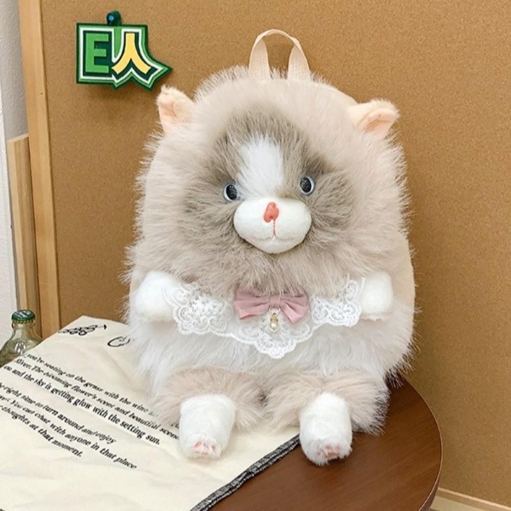 Soft Fluffy Cat Backpack Large Capacity Shoulder Bag Cute Plush Rucksack  Casual Daily