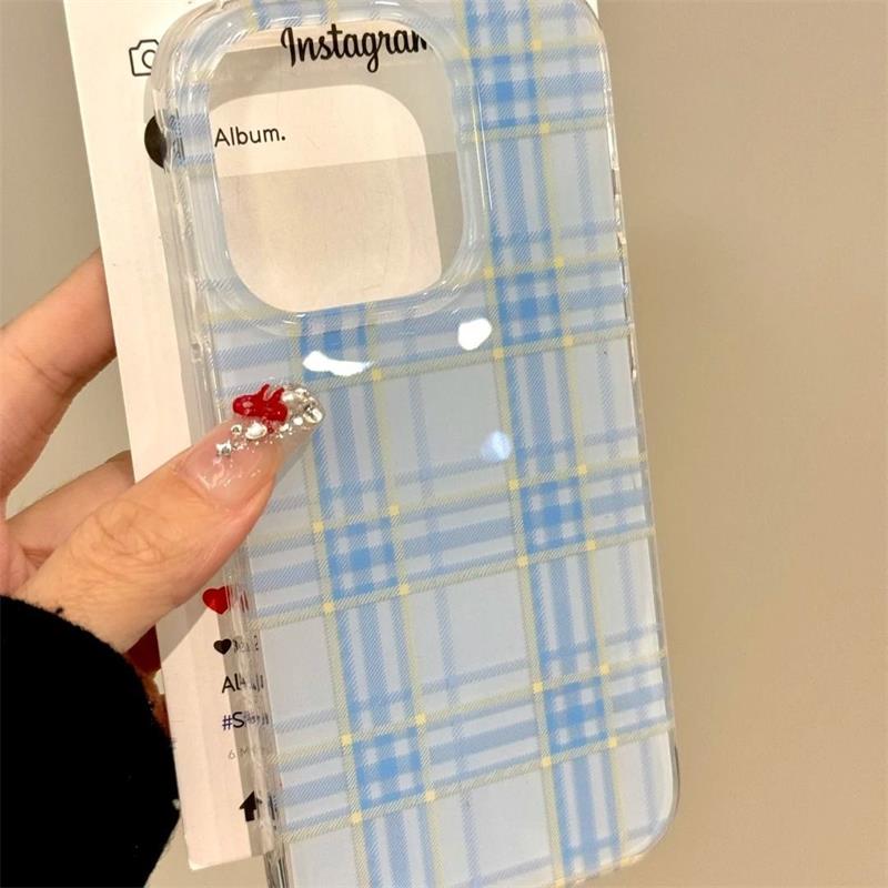 INS Korean Lovely Blue Check Phone Case For iPhone 16 15 14 13 12 11 Pro Max 16E 7 8 Plus X XR XS Max SE Shockproof Back Cover
