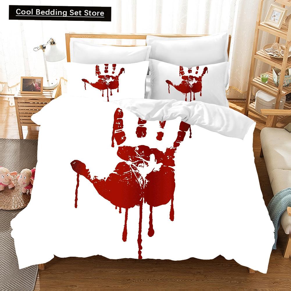 Halloween King Queen Duvet Cover Horror Blood Hand Bedding Set for Teens Scary Red Blood Stains 2/3pcs Polyester Quilt Cover