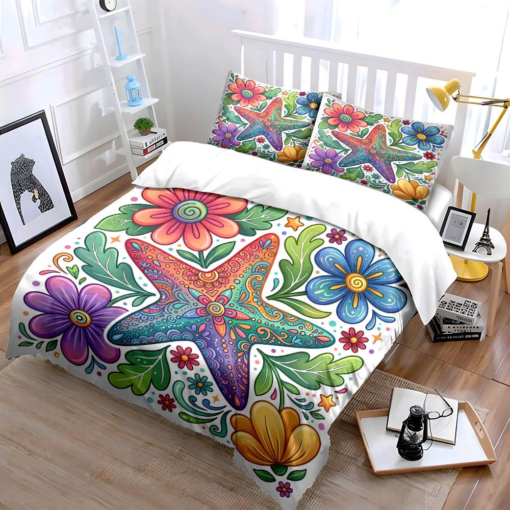 Colorful Starfish with Vibrant Flowers Print Bedding Set 1 Duvet Cover 2 Pillowcases for Adult and Children Luxury Gift