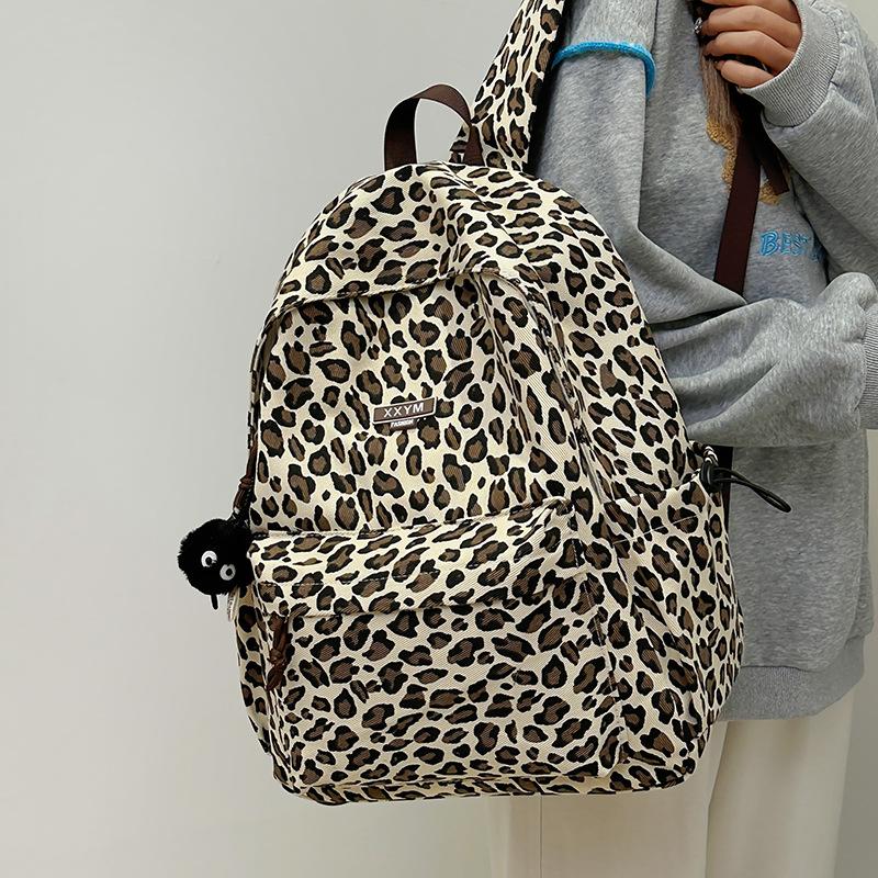 College student schoolbag female junior high school student retro leopard print backpack lightweight high school student computer travel backpack tide