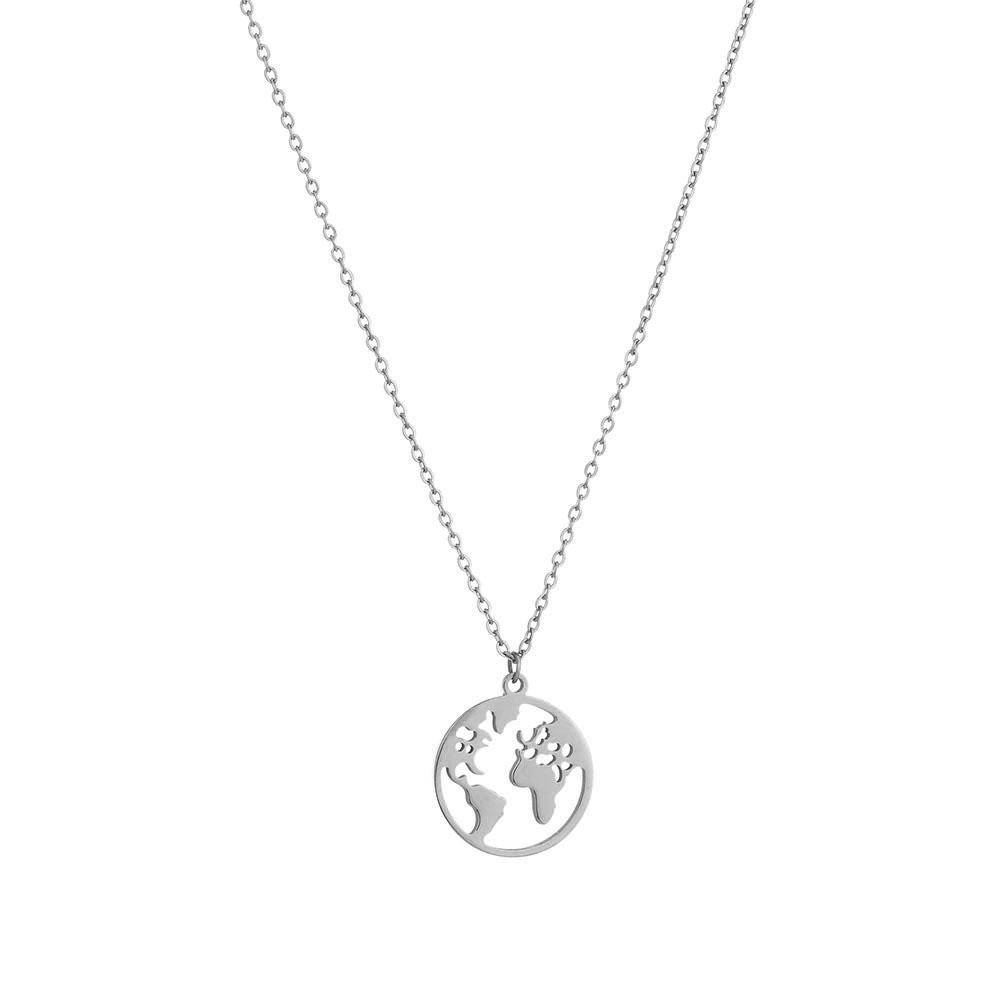 QYRY Silver Premium Stainless Steel Link Chain Europe & America World Map Pendant Necklace for Women Gift