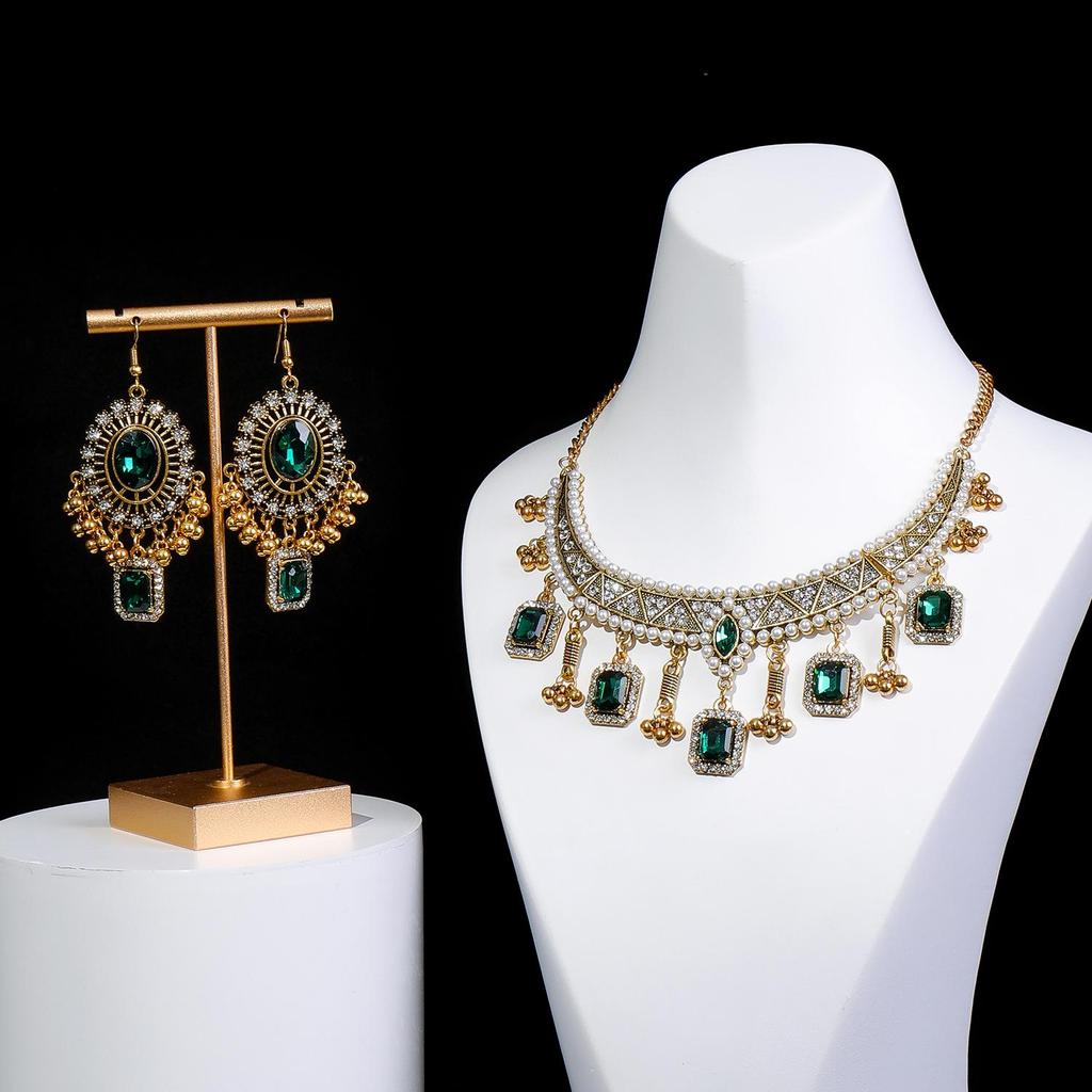 Retro Indian-Style Rhinestone Necklace & Earring Set with Tassel Clavicle Chain