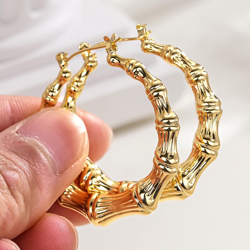 Huitan Novel Bamboo Design Hoop Earrings for Women Gold Color Luxury Wedding Engagement Charming Party Fashion Statement Jewelry