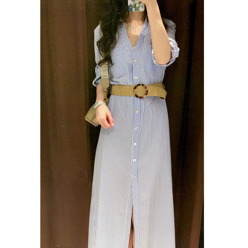 

Blue Stripes Slim Looking Elegant Linen Shirt Shirt Dress Dress Long Waist-Slimming Belt Women s Summer 4387062 Blue XS(In stock)