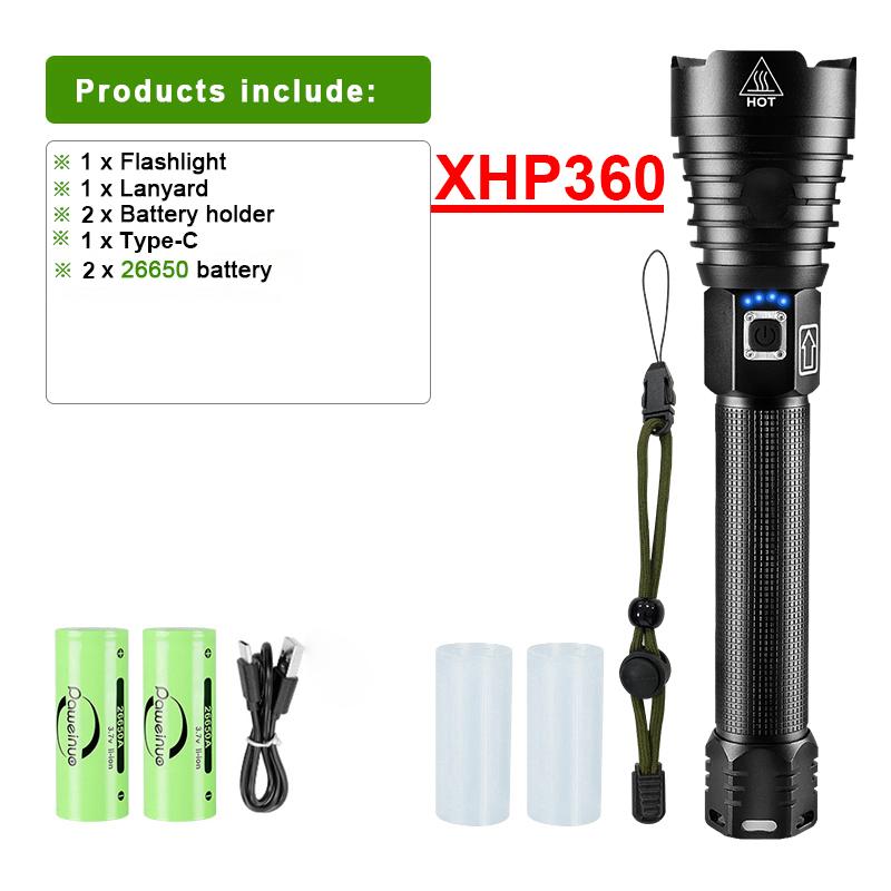 100000LM Flashlight XHP360 Torch Self-protection Lantern Zoomable Lamp Waterproof Flash Light Long Straps Portable Torch Light
