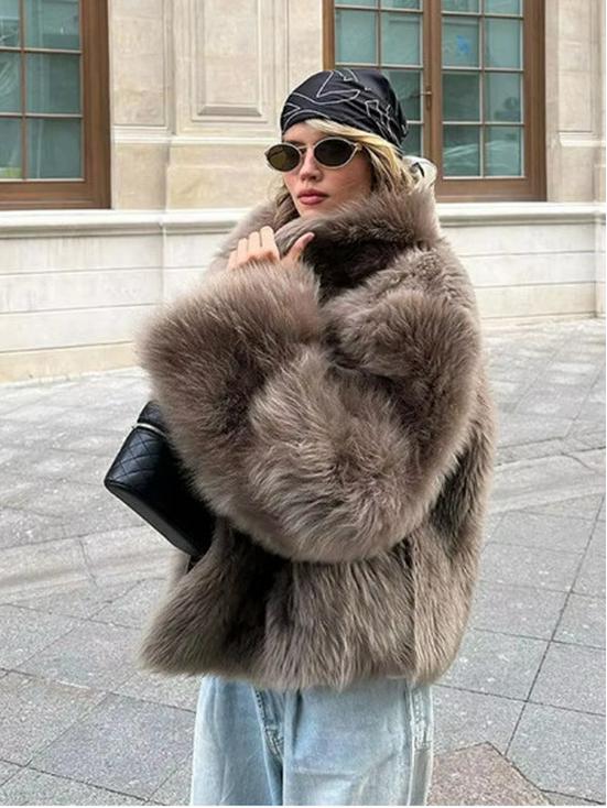 Cappotto invernale alla moda europea e americana da donna 2024, in finta pelliccia marrone