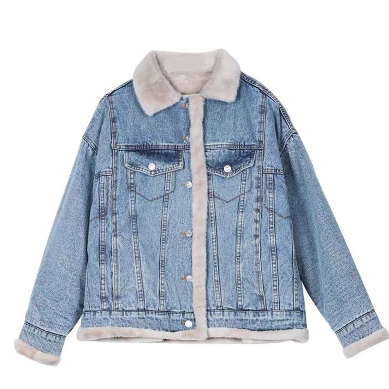 Winter Padded and Thickened Denim Jacket Women's Plus Size Loose Casual Two Sides Wear Jacket