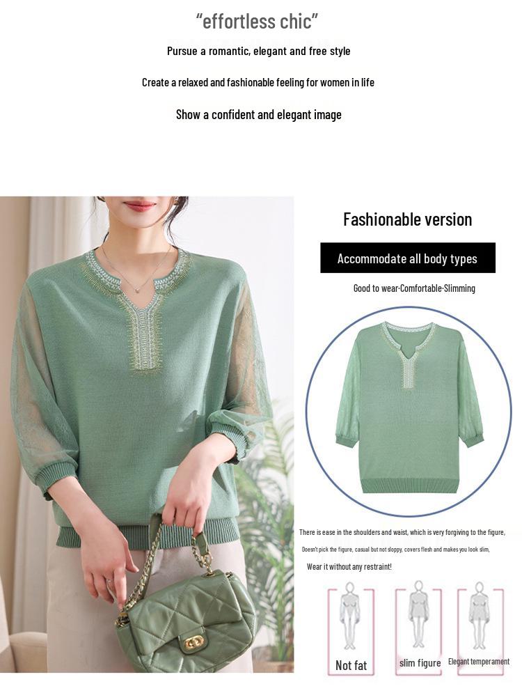 Mom's Spring Gauze Knit Top - Breathable Seven-Sleeve T-Shirt for Middle-Aged and Elderly Women