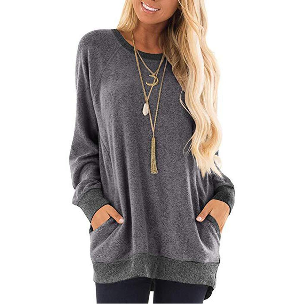 Women Casual Color Block Long Sleeve O-Neck Pockets T-Shirts Sweatshirt Blouse