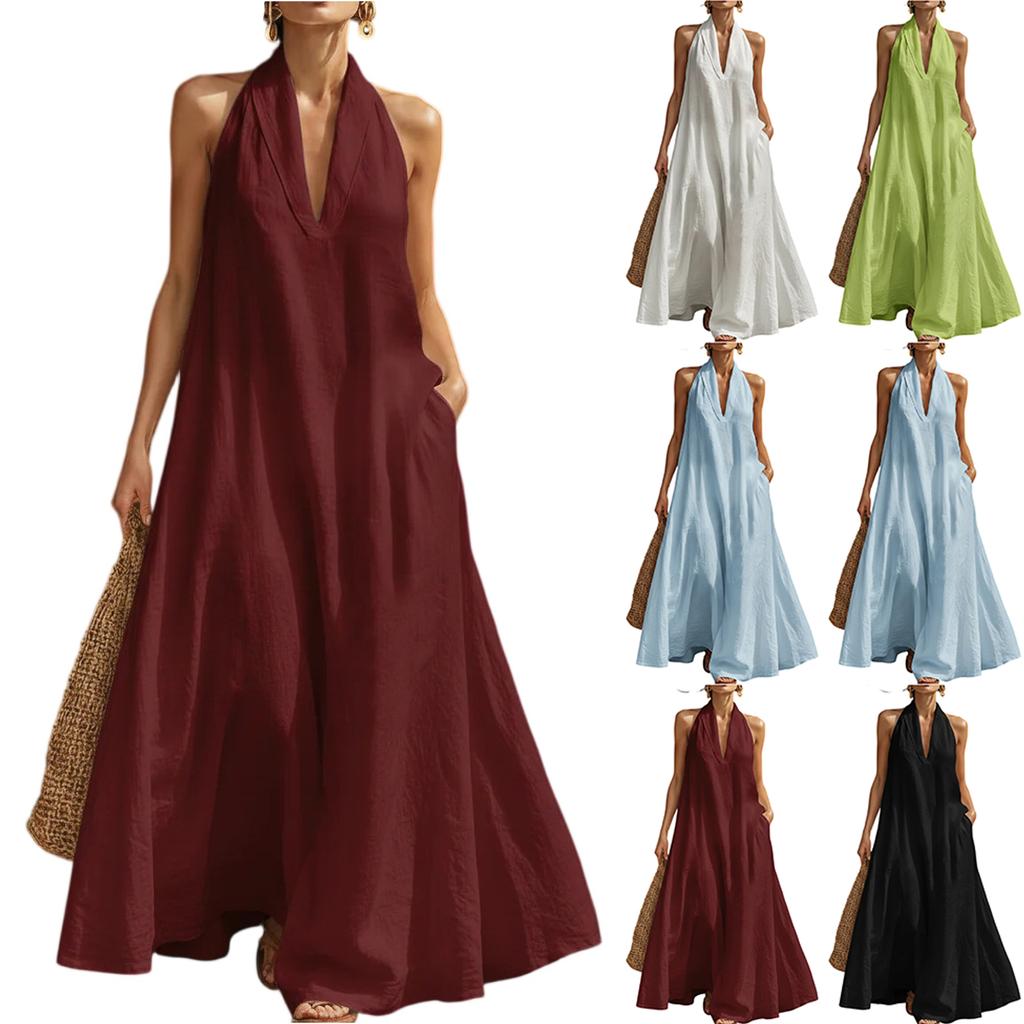 Women's Dress Casual Flowy Dresses V-neck Vocation Boho Beach Sundress