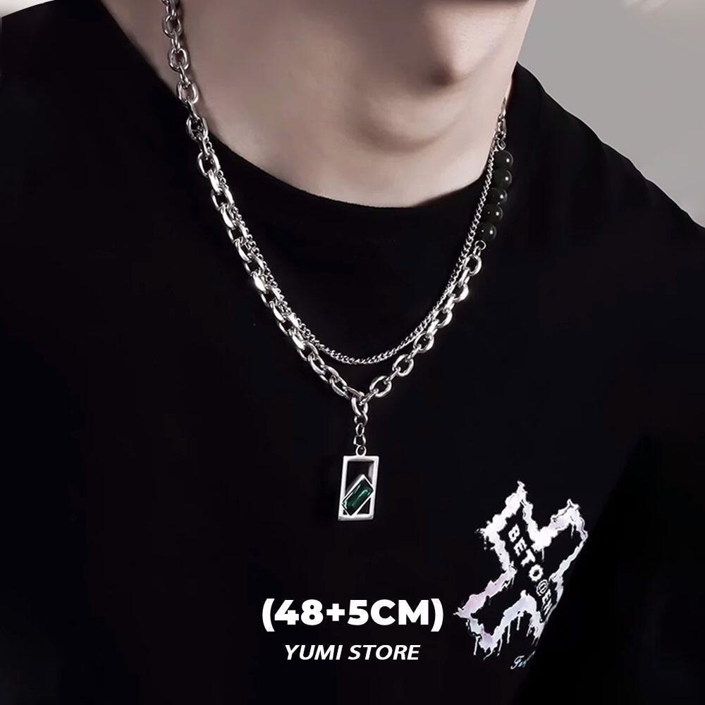 Двухслойное зеленое циркониевое ожерелье из титановой стали для мужчин и женщин, модный квадратный кулон, splicing bead chain, мужской Kpop