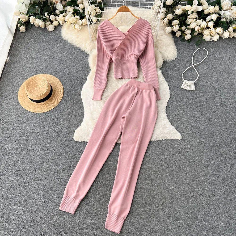 

Сексуальный комплект из 2 предметов, свитер, спортивные костюмы, женские шаровары + пуловер с двойным v-образным вырезом, комплект, осенне-зимняя трикотажная одежда One Size розовый