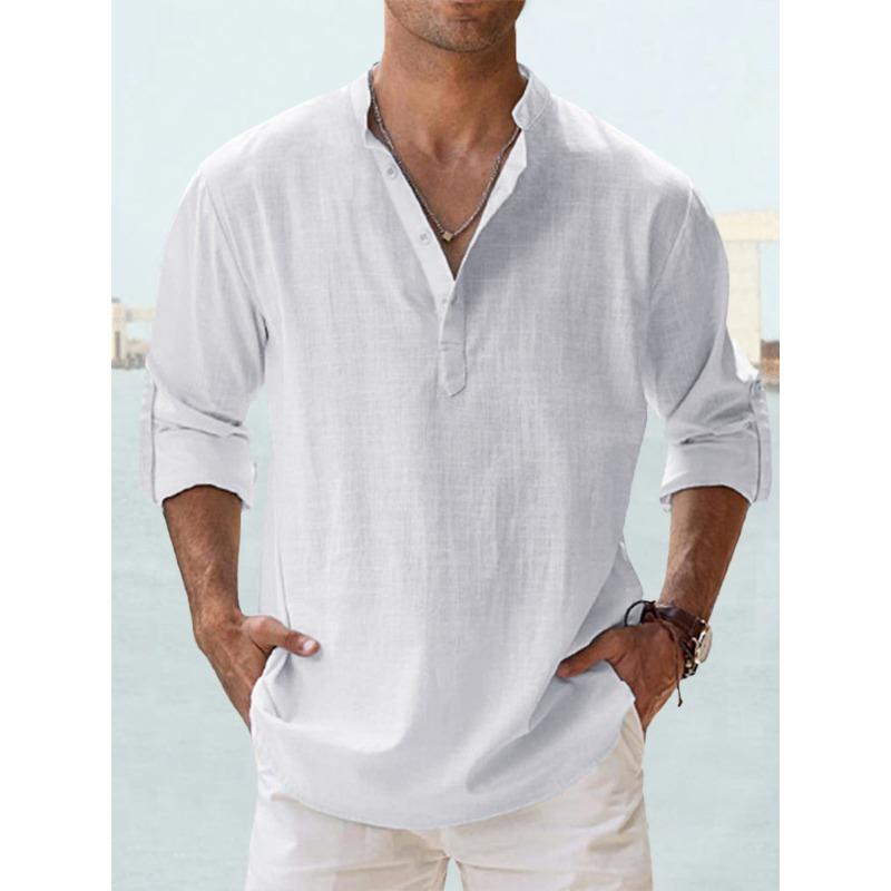 QICED Summer Casual Men's Loose Men's Tide Standing Collar Sports Colour Long Sleeve Cotton Tops Large Size Shirt