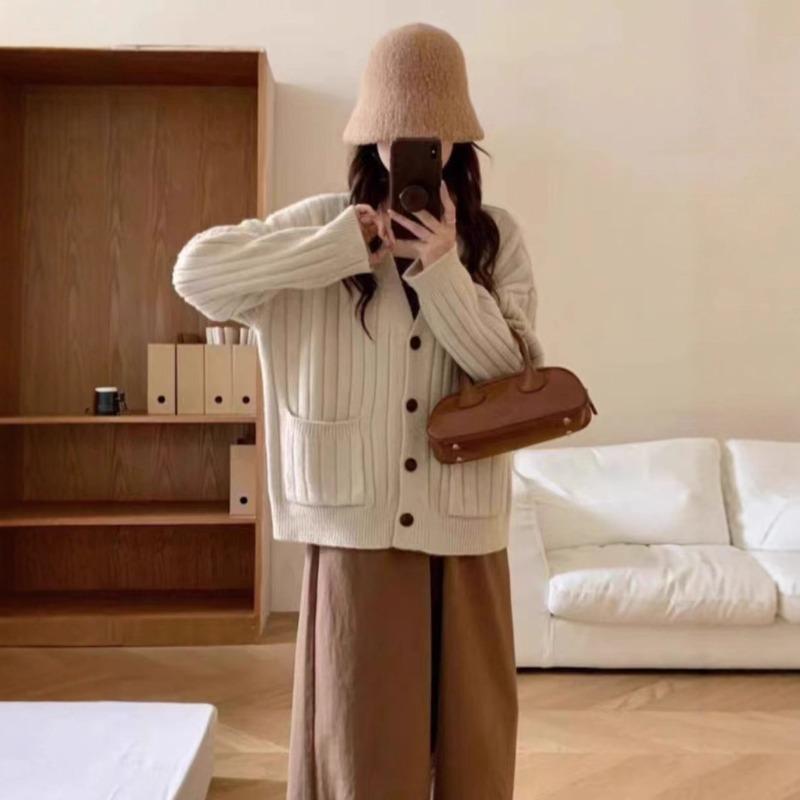 Vintage twist knitted cardigan women's autumn and winter casual lazy style loose versatile pocket sweater knitted jacket