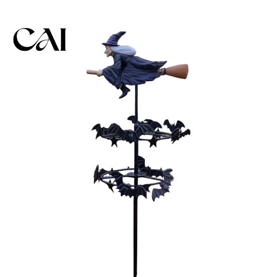 Halloween Outdoor Path Decor Witch Garden Wind Spinner, Resin Statue Stake, Spooky Bats Whimsical And Spinner for Yard Art Lawn Pathway Metal Catchers