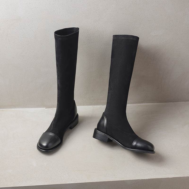 Krazing Pot Microfiber Autumn Winter Shoes Low Heels Size 43 Long Boots Half Boots Zip Stretch Thigh High Boots